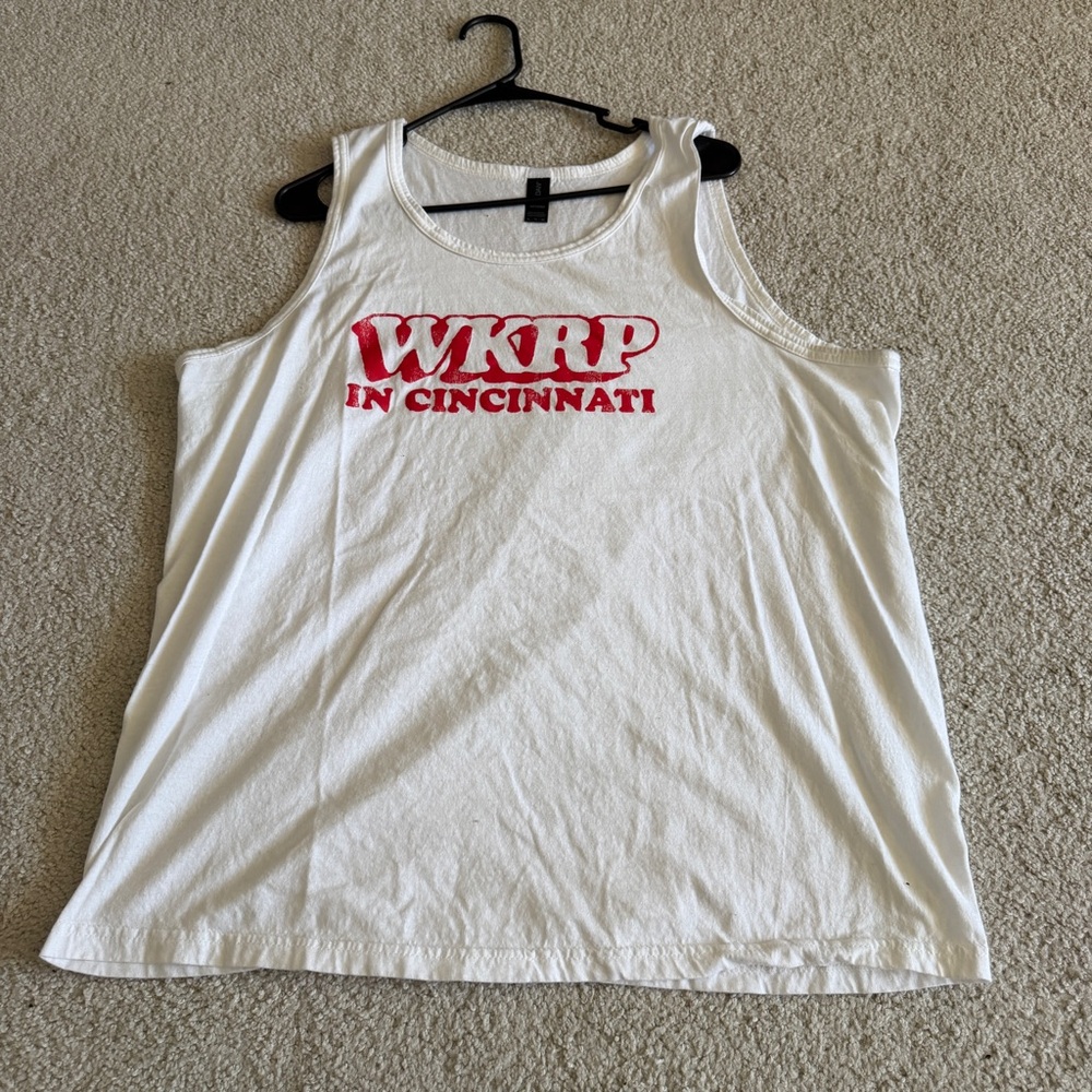 Gildan White Tank Top with Red WKRP in Cincinnati Logo